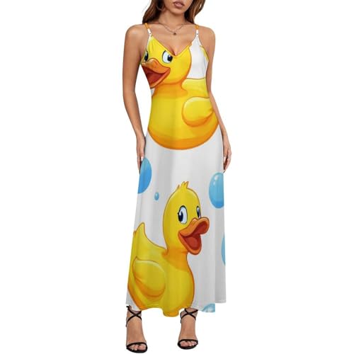 Fashion Long Sleeveless Dress Full Slip for Under Dresses Camisole Long Skirt Cute Funny Cartoon Yellow Rubber Ducks Bubbles