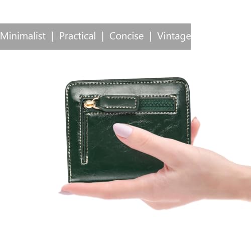 Image of Itslife Women's RFID Blocking Small Compact Bifold Waxed Leather Pocket Wallet Ladies Mini Purse with ID Window (Dark Green)