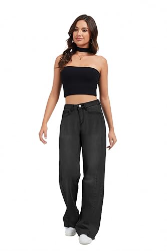 Women's Wide Leg Jeans Baggy High Waist Boyfriends Strechy Raw Hem Denim Pants2