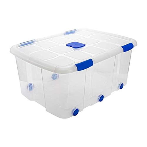AC   Caja de ordenación con Tapa y Ruedas de plástico Transparente N.º 15. Contenedor para almacenar Libros, Ropa, Mantas. Capacidad 100 litros. Dimensiones Aprox.: 76,8 x 56,5 x 34,8 cm