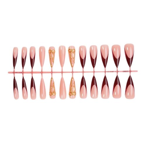 Image of Red French Tip Press on Nails Bow Fake Nails Long Stiletto False Nails with Design 3D Gold Bowknot Glue on Nails Glossy Artificial Acrylic Nail Full Cover Nude Stick on Nails for Women Manicure 24Pcs