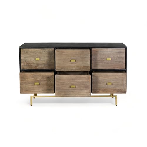 Image of Solid Wood Cohen Chest of Drawer | Dresser with 6 Drawers | Wooden Chest of Darwers | Chest of Drawers with Storage | Finish- Black and Premium Tobbacco Brown