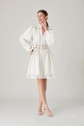 Image of LAI MENG FIVE CATS Women's V-Neck Elegant Lace Long Sleeve Lantern Sleeve Button up Casual Mini Dress