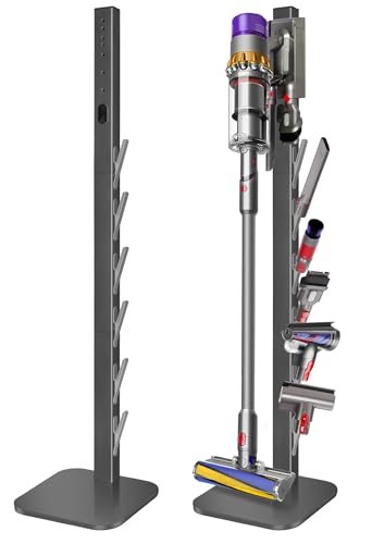 Image of Vacuum Stand for Dyson V16 Gen5 V15 V12 V11 V10 V8 V7 V6, Freestanding No-Drill Floor Stand w /6 Hooks, Cord Management & Heavy-duty Metal Weighted Base, Vacuum Attachment Organizer, Dark Gray