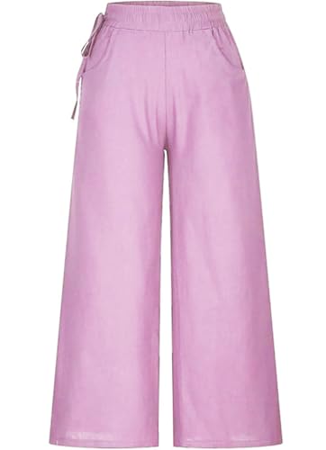 Image of KOTTY Women's Crumble Fabric High Waist Solid Color Drawstring Wide Leg Trousers Loose with Pockets