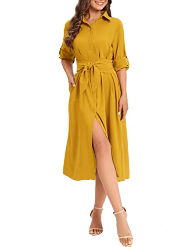 MANAIXUAN Women's Casual Flowy Tie Waist Button Down Long Sleeve Fall Midi  Shirt Dress Deep Yellow at Amazon Women's Clothing store