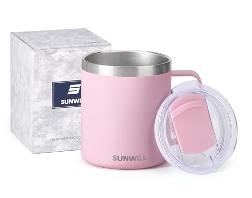 Image of SUNWILL Insulated Coffee Mug with Lid, Travel Tumbler Reusable, 14 oz Stainless Steel Cup for Camping, Office, Home, Powder Coated Sakura