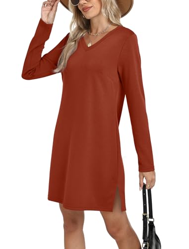 SAMPEEL Dresses for Women 2025 Casual Long Sleeve V Neck Tshirt Dress Side Split Fashion Fall Outfits2