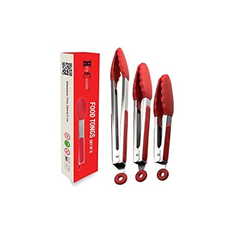 HelpCuisine® Premium Silicone Tongs/Kitchen tongs - Pack of 3 (7", 9" and 12") - Non-slip & Easy Grip Stainless Steel Handle - Smart Locking Clip - Heat Resistant,(Red) Cover