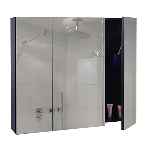 Mendler Spiegelschrank HWC-B19b, Badschrank Hängeschrank, 6 Regalböden Hochglanz FSC®-Zertifiziert 70x80x16cm - schwarz