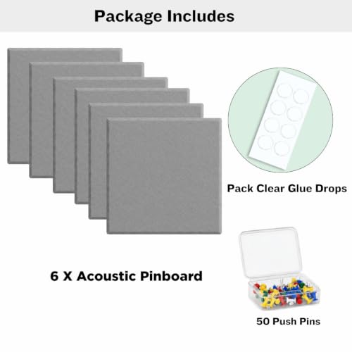 Image of QUIET CANVAS Acoustic Wall Square Pinboard, 1x1ft, Pack 6, 50PushPins Grey