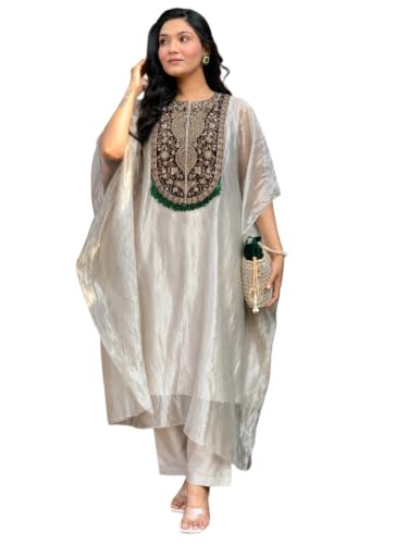Image of GoSriKi Kurta Set for Women Glass Tissue Embroidered | Kaftan Kurti Set for Woman | Kurta Palazzo 2 Piece Outfit | Round Neck Kaftan Sleeve Ethnic Dress Stylish Womens Clothing