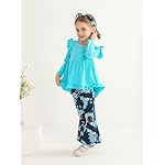 KuKitty Toddler Baby Girl Clothes Solid Color Long Sleeve Ruffle Tops Floral Bell-Bottoms Pants and Headband Outfits Set