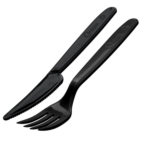 Couverts en plastique réutilisables noirs | MEHRWEG Couverts de camping | Couverts de voyage Premium | Couverts d'extérieur robustes (Set - 50 fourchettes +...