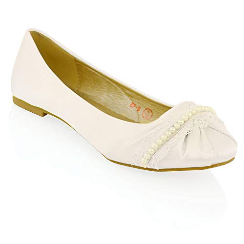 ESSEX GLAM Womens Satin Lace Pearl Bridal Ballerina Pumps