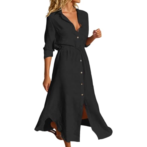 Robe chemise boutonnée unie style tunique avec cordon réglable