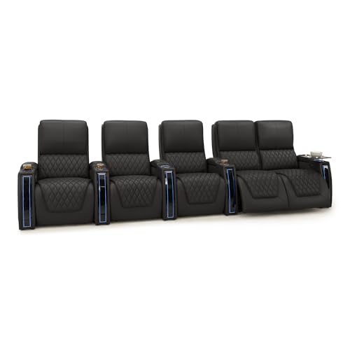 Image of Seatcraft Apex Black Italian Leather Home Theater Seating, Zero Gravity Power Recliner Chair, Powered Headrest and Lumbar Gaming and Lounge Sofa Furniture for Cinema Room, Row of 5 Right Loveseats
