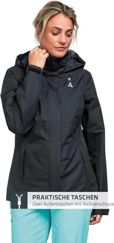 Schöffel Damen Jacket Gmund L, wind- und wasserdichte Regenjacke, atmungsaktive Outdoor Jacke, Wanderjacke mit verstaubarer Kapuze, black, 36