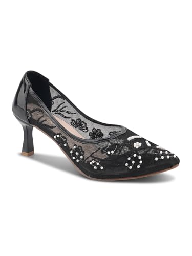 Image of TRYME Floral Embroidered Stiletto Heels for Women | Elegant Mesh High Heels with Stylish Feminine Design
