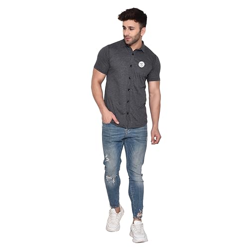 Image of Geum Men's Casual Shirt with Graphic Print | Short Sleeve Button-Down Shirt for Casual & Streetwear Look | Cotton Blend Slim Fit Shirt