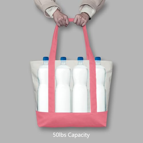 Image of TOPDesign 6-Pack Canvas Tote Bags with an External Pocket, Reusable Grocery Shopping Bags, Top Zipper Closure, Daily Essentials (Rose Pink /Natural)