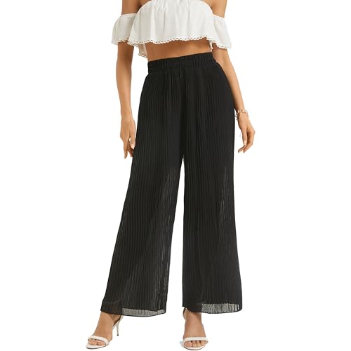 Women's Wide Leg Dress Pant High Waist Casual Flowy Boho Trousers Pleated Chiffon Elastic Waist Pants with Pocket4