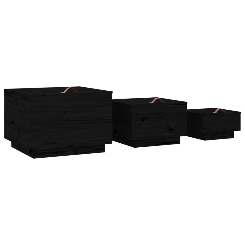 Juego de 3 cajas de almacenamiento de madera maciza de pino, color negro, con tapas y asa, para organización de almacenamiento doméstico, diferentes tamaños