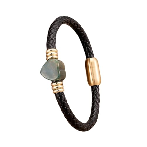HUIANGLIYG Pulsera De Cuero Trenzado Monocapa Con Piedras Naturales Curativas, Pulseras De Cuero Con Corazón De Amor Y Cierre Magnético Para Mujeres, Hombres, Parejas, Regalos De Joyería, Oro-A 21 Cm