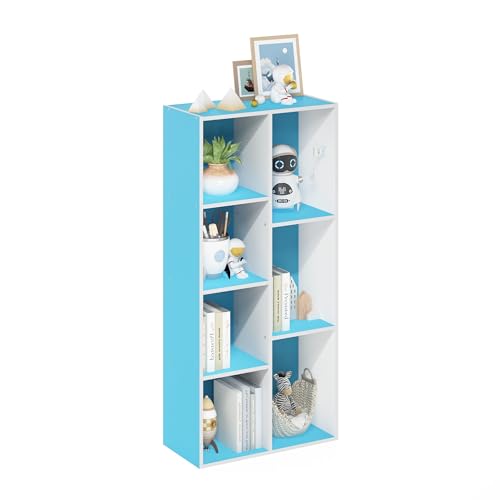 Image of Furinno LUDER Book Shelf, 7-Cube Bookshelf, Bookcase with Open Shelves, 9.4 x 19.5 x 41.7, Easy Assembly, for Living Room, Bedroom, Home Office, White /Light Blue