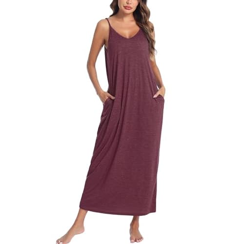Marvmys Womens Cotton Long Nightgowns Spaghetti Strap V Neck Full Slip Sleep Shirts with Pockets Wine Red Medium