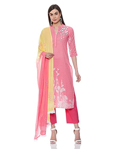Image of Rain & Rainbow Cotton Women Coral Pink & White Floral Screen Print Kurta with Trousers & Dupatta