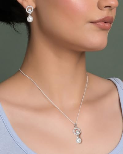Image of CLARA 925 Sterling Silver Dante Pearl Pendant Earrings Chain Jewellery Set
