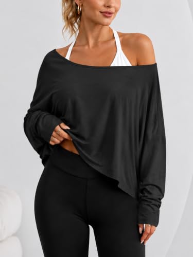 Womens Off The Shoulder Tops Long Sleeve Oversized Workout Flowy T Shirts - image 5