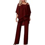 Women's Trouser Suits Chiffon Top and Trousers Set Ladies Elegant Wedding Guest Pants Suit 2 Piece Chiffon Formal Outfit Plus Size Mother of The Bride Outfits for Evening Cocktail Party Festival Red