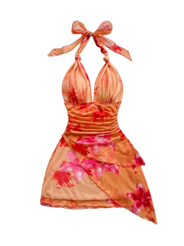 Image of SOLY HUX Women's Y2K Summer Beach Halter Mini Dress | Retro Floral Dress, V Neck, Backless, Club Nightout, Sexy Going Out Clothes, Birthday Dress