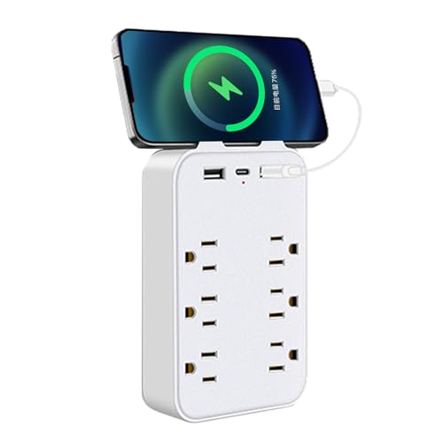 Multi Plug Outlet Extender - Wall Surge Protector with 6 AC Outlet Splitter, 2 USB-A and 1 USB-C Ports, Wall Mount Adapter with Top Phone Holder for Home, School, Office