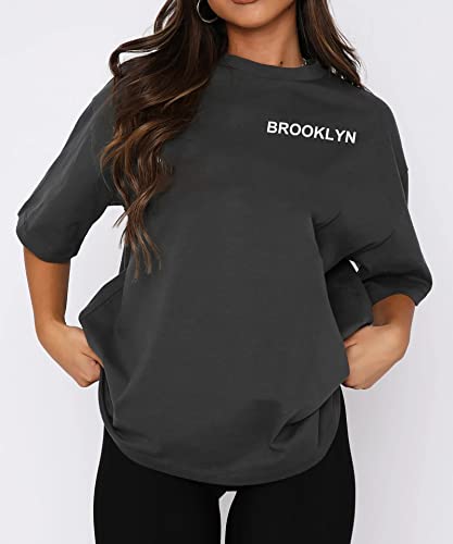 Cioatin Women’s Brooklyn Slogan Graphic Oversize Tee Shirt Top Y2K Vintage Preppy Drop Shoulder Aesthetic Summer T Shirt Dark Grey #TOP4