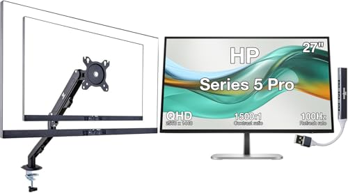 Image of HP Series 5 Pro 27 inch QHD IPS Monitor with 5ms Response Time, Anti Glare, Flicker Free, Tilt, Swivel, Pivot, VESA Mount (100mm), Displayport, HDMI, Black /Silver w /DKZ Hub & ErgoFlexy Single Mount Arm