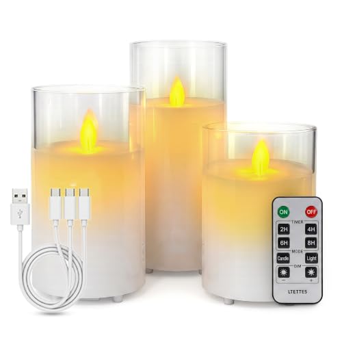 Image of LTETTES Real Wax LED Glass Pillar Flameless Rechargeable Candles | Transparent Glass | USB Type-C Charging Cable | Remote Control Included | Home Decor & Gifting | Set of 3 (H-4 inch,5 inch,6 inch x D-3 inch)