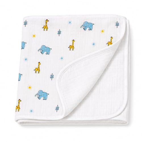 Image of HANUSH 100% Organic Muslin Cotton Hooded Baby Towel - Cute Giraffe & Elephant Print | Ultra Soft, Super Absorbent, Lightweight & Quick Dry Bath Wrap (75x75 cm) for Newborns & Toddlers (0-3 Years)