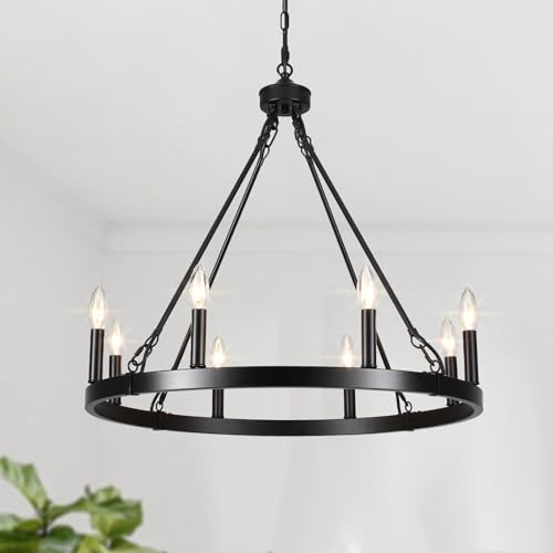 Black Wagon Wheel Chandelier 8 Lights Chandelier for Dining Room Light Fixture Round Industrial Pendant Light Fixtures for Living Room Foyer Entryway