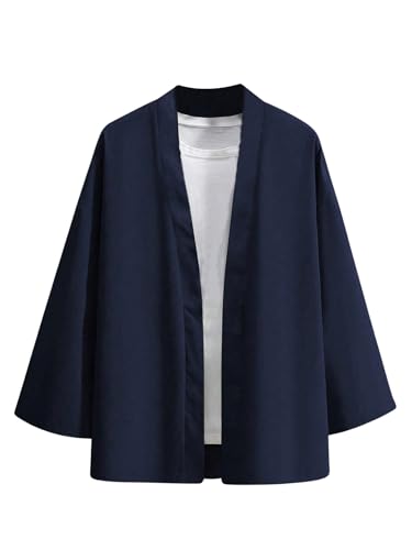 OYOANGLE Men's Open Front 3/4 Sleeve Kimono Jackets Loose Casual Drop Shoulder Cardigans Outerwear