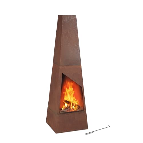 Relaxdays Gartenkamin Cortenstahl Aschekasten Feuerrost & Schürhaken Edelrost Terrassenofen HBT: 149x45x45cm braun