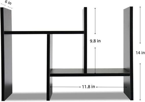 Image of Adjustable Wooden Desktop Bookshelf, Expandable Office Storage Rack, Modern Rectangular Design, Engineered Wood, Glossy Finish (Black)