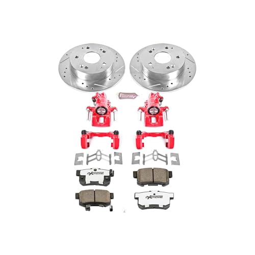 Image of PowerStop Rear Brake & Caliper Kit for Acura RSX 2002-06 | Honda Civic 2004-05 - Drilled & Slotted Disc Rotors + Carbon-Fiber Ceramic Brake Pads + Red-Powder Coated Calipers, KC2270A-26