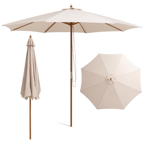 KOMFOTTEU Sombrilla Terraza Exterior 300 cm, Parasol Plegable con 8 Varillas de Bambú y Poste de Madera, Sombrilla de Jardín Redonda con 3 Alturas Ajustables, para Balcón, Playa, Mercado, sin Base