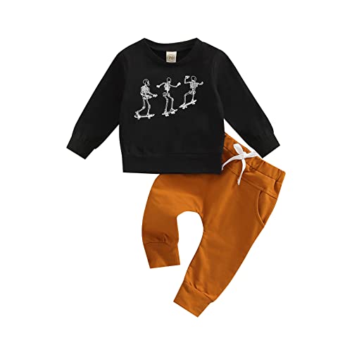 Image of FYBITBO Infant Baby Boy Halloween Outfit Spooky Skeleton Crewneck Sweatshirt Top Shirts Pants Fall Halloween Clothes Set (Black-skeleton outfit, 3-6 Months)