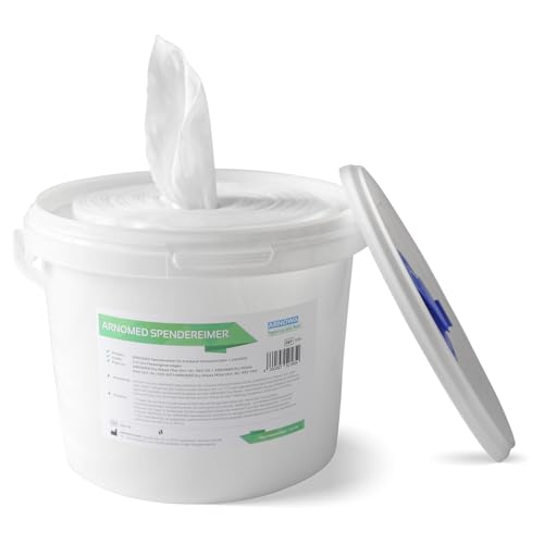 ARNOMED Toallitas desinfectantes secas con cubo dispensador, 140 toallitas secas para desinfectar superficies, 2 rollos no tejidos incl. sistema dispensador, bayetas desechables sin arañazos