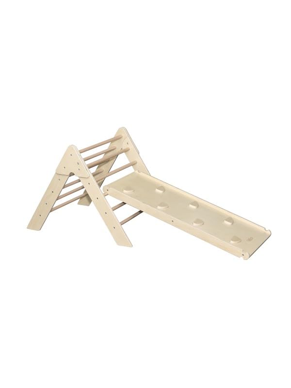 Triangle d'escalade en bois avec toboggan Tryco jeu de motricité Pikler intérieur enfant