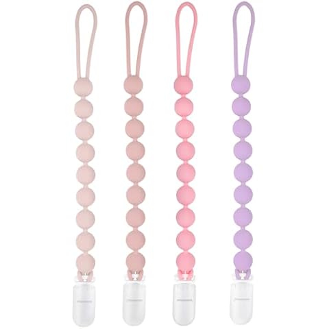 MINMUNJIU Silicone Pacifier Clip Holder, 4 Pack One Piece Soft Flexible Binky Clips Pacifier Holder Clip for Girls, baby girl newborn essentials, Teething Relief Cover